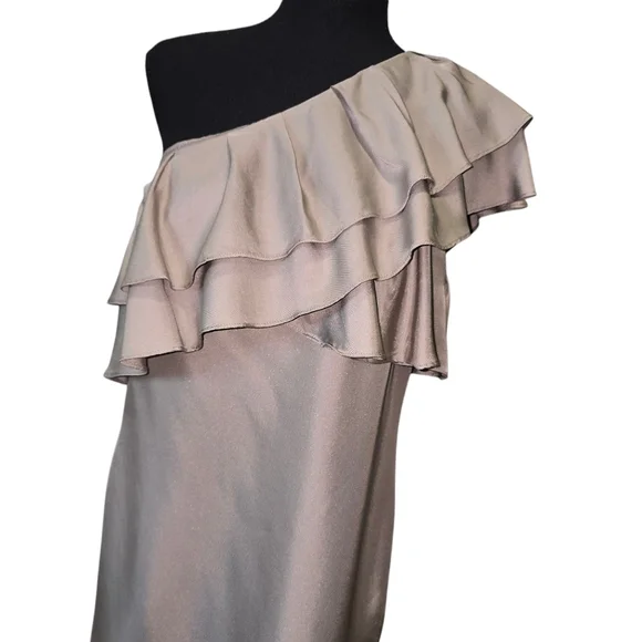 ⭐️Banana Republic One Shoulder Champagne  Ruffled Dress Sz 10 - Picture 4 of 10